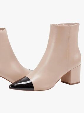 Marc Fisher Jelanie Two-Tone Block Heel Ankle Boots - Beige with Black Cap Toe